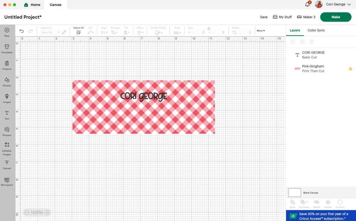 Design Space: pink gingham pen wrap with name added