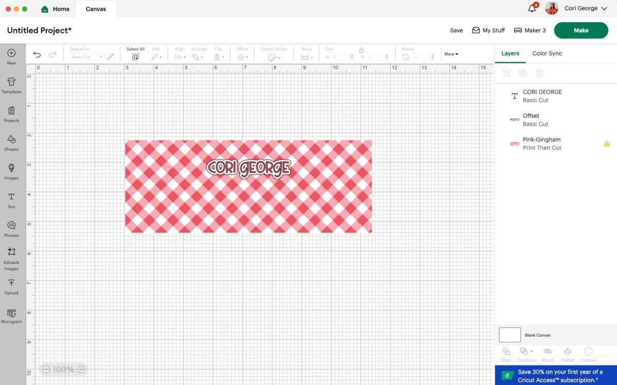 Design Space: pink gingham pen wrap with offset added to name