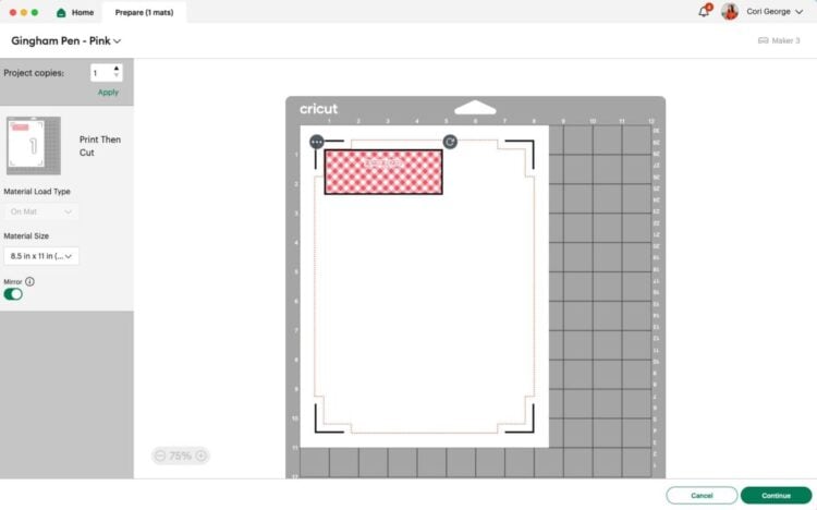 Design Space: pink gingham pen wrap mirrored in Prepare Screen