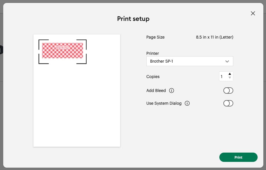 Design Space: Print Setup with bleed turned off