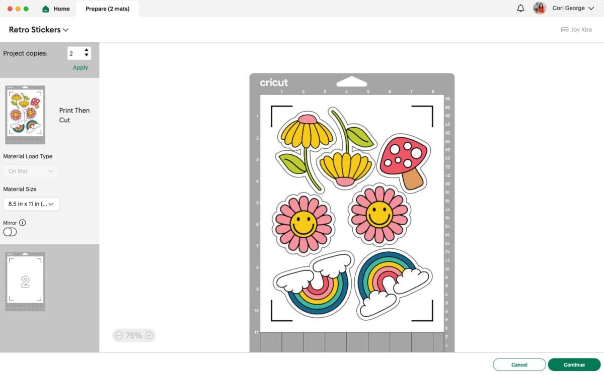 Design Space: Prepare screen with 7 stickers on a single mat