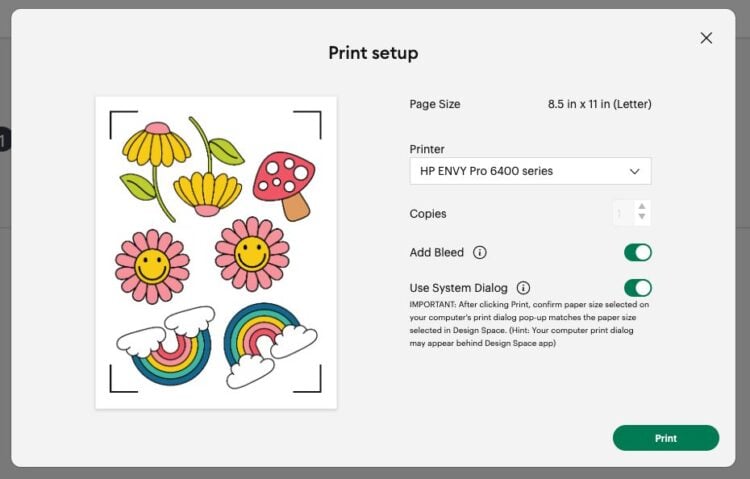 Design Space: Print setup screen showing bleed on and use print dialog box checked