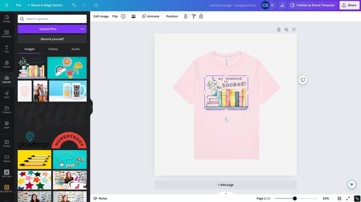 Canva document with pink shirt and "my weekend is booked" book sublimation file on it.