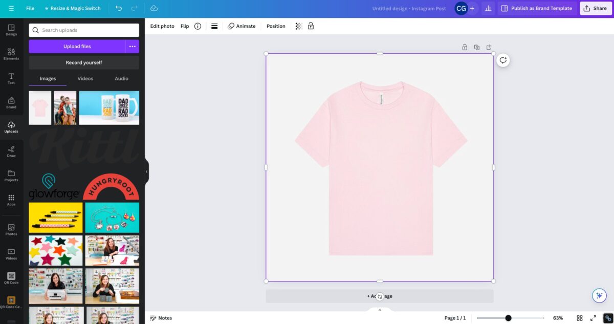 Canva document with pink shirt uploaded