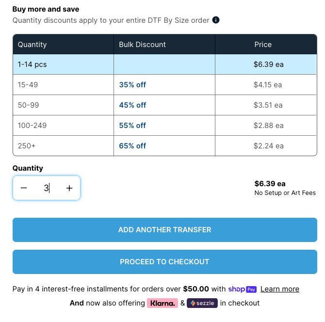 Ninja Transfers quantity ordering options