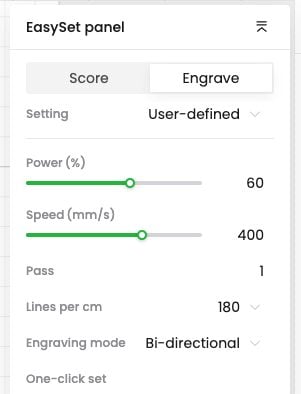 xTool Creative Space EasySet Panel with processing parameters