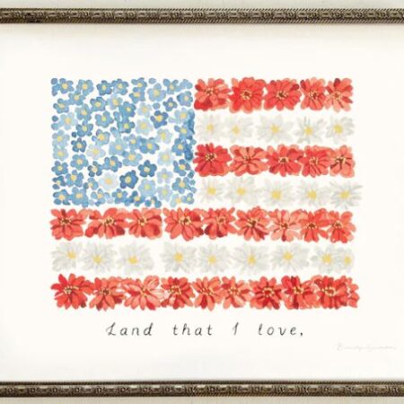 Watercolor American flag in red, white, and blue flowers.