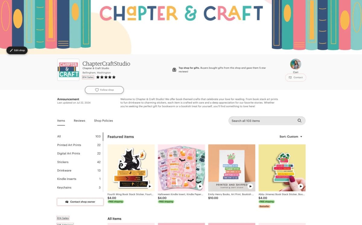 Chapter and Craft Etsy Shop screenshot