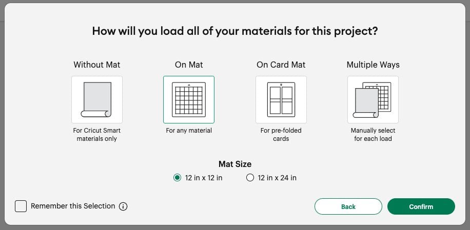 Cricut Design Space: load screen with "on mat" selected