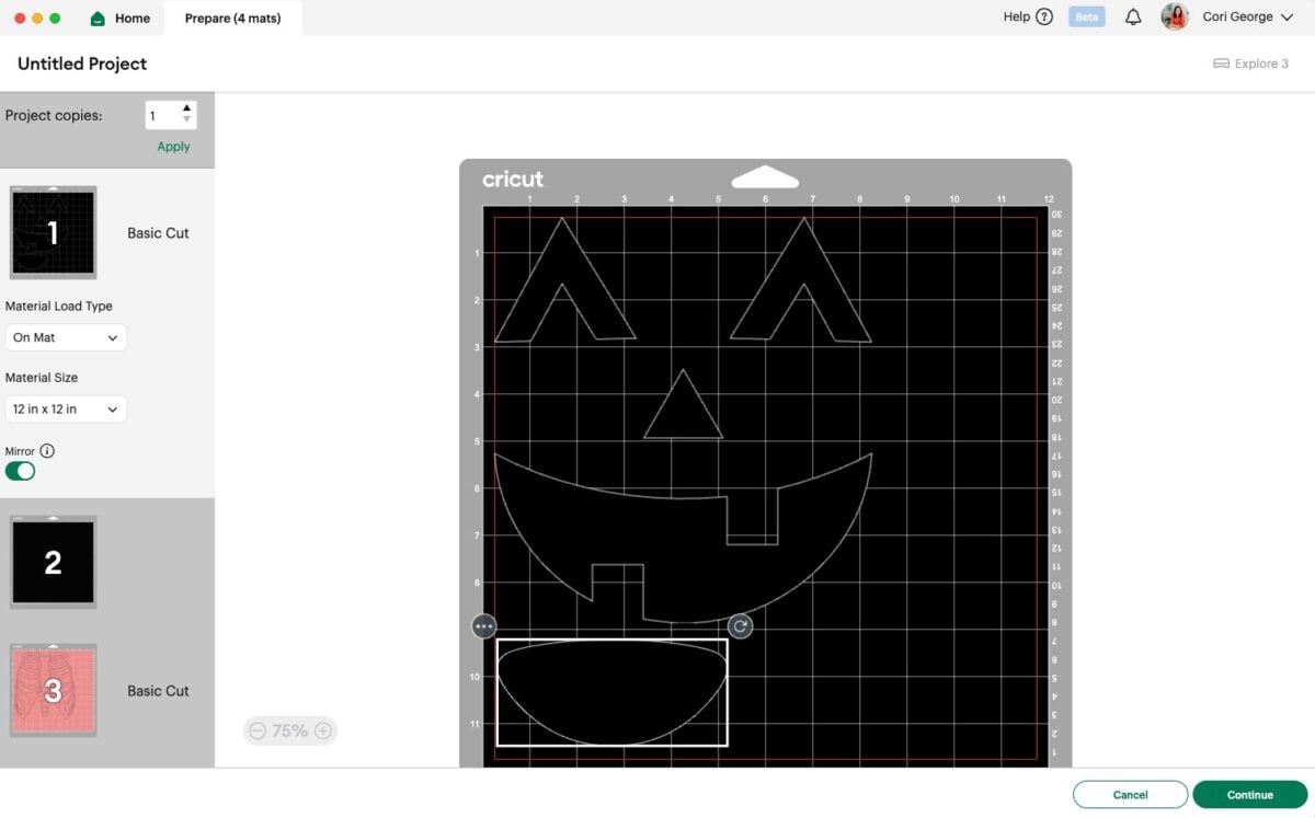 Cricut Design Space: preview screen showing each layer is mirrored