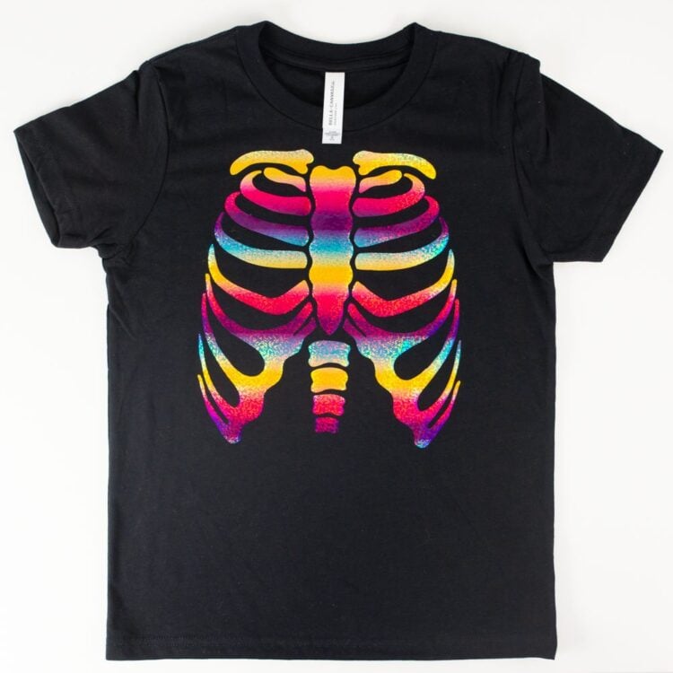 Black t-shirt with rainbow skeleton transfer