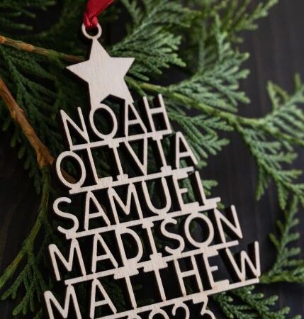 Family Christmas ornament with names in the shape of a tree