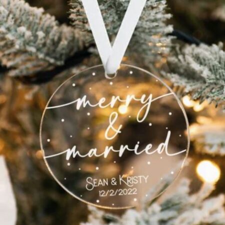 Merry and Married ornament with Bride and Groom name and date of wedding