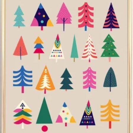 Colorful Christmas tree print in a gold frame