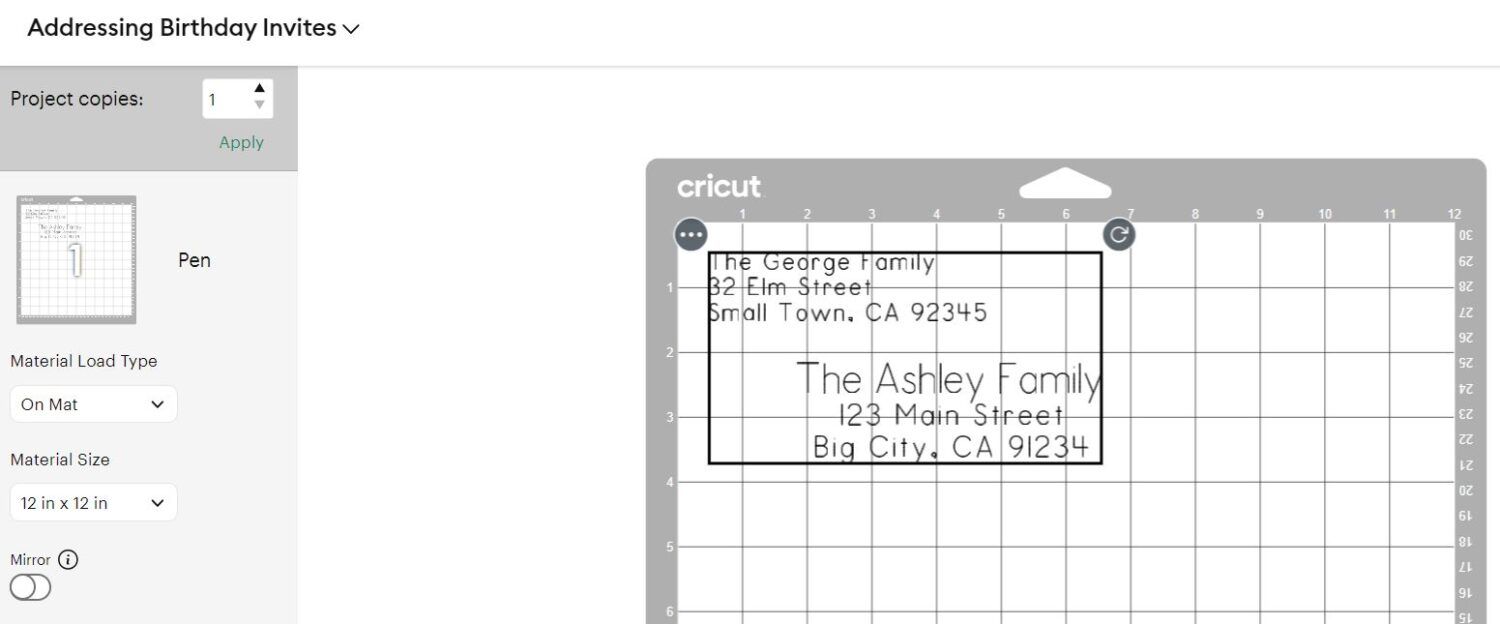 Image in Design Space Make It mode of text of a name and address and a return address on an envelope