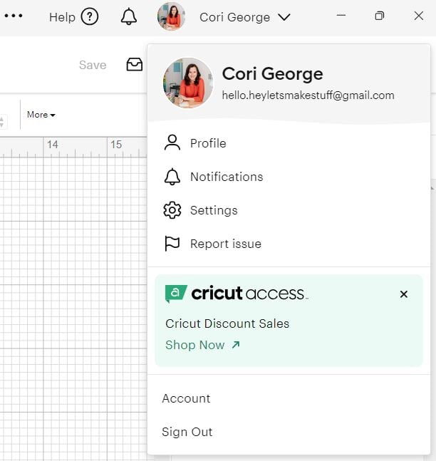 Drop down list in Design Space showing the Settings option