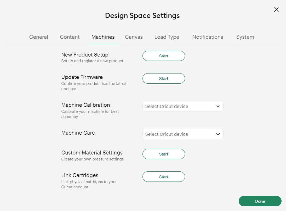 Design Space Settings screenshot under Machines showing option for linking cartridges