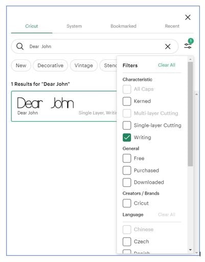 Screenshot in Design Space of the Text option with Writing checked and a search for the font named Dear John