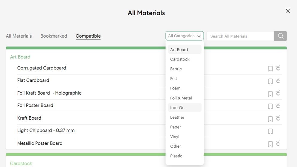 Design Space screenshot of the All Categories drop down list of materials used with a Cricut machine