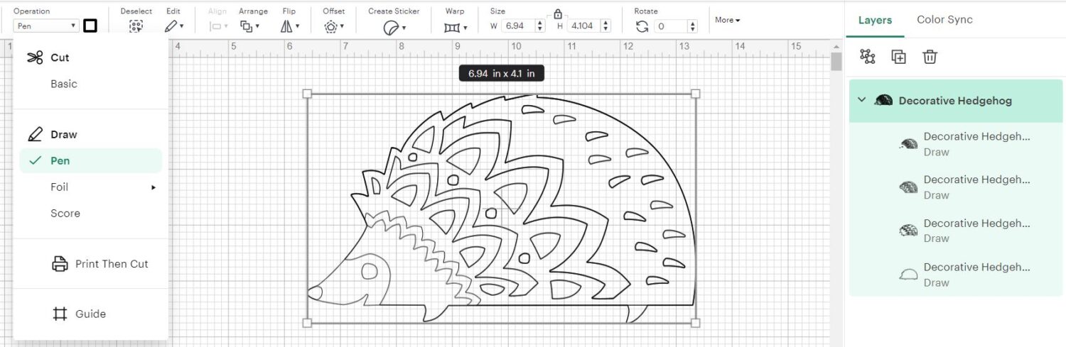 Design Space screenshot of a hedgehog image being set up to draw with the Cricut machine