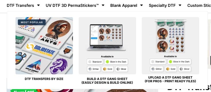 Screenshot: NinjaTransfers website showing where to click to upload a DTF gang sheet.