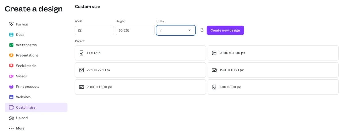 Screenshot: showing create a design screen with 83.328" in the height