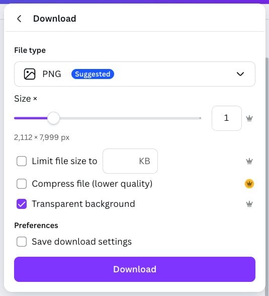 Screenshot: download settings in Canva