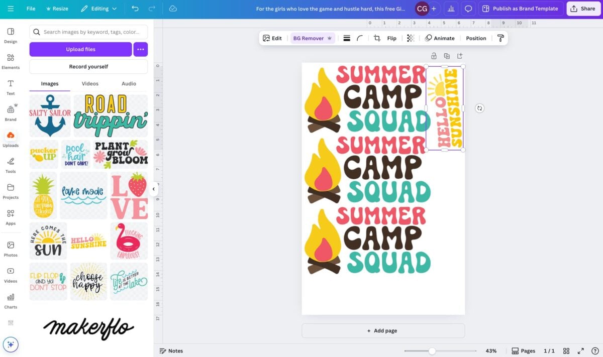 Screenshot: Showing Hello Sunshine file added to the canvas