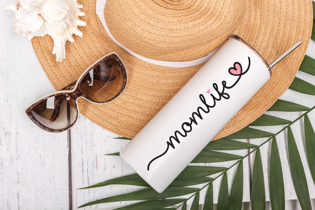 Mom Life SVG on a tumbler with a sun hat and sunglasses