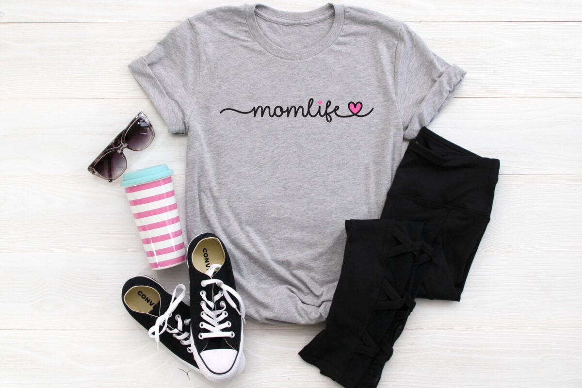 Mom Life SVG on a gray shirt with black pants