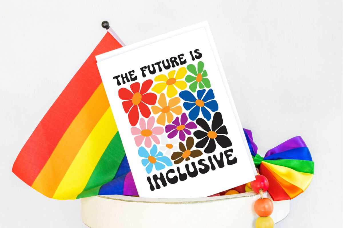 Card that has "the future is inclusive" SVG with a pride flag