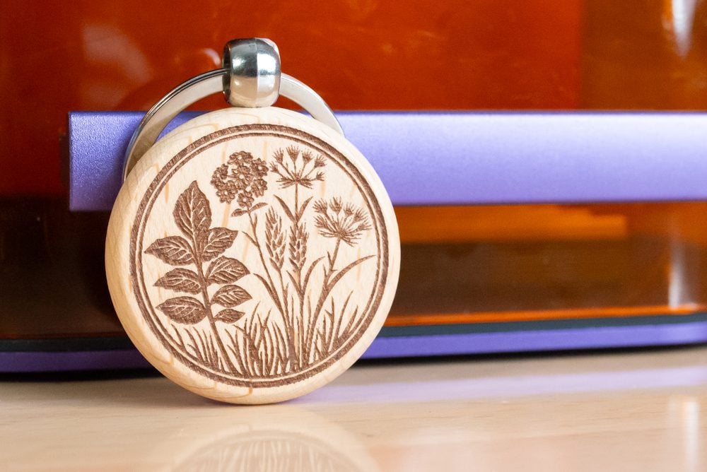 Engraved cherry wood keychain with wildflower design