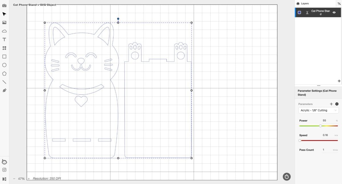 Screenshot of Beam Studio with cat phone stand on the canvas