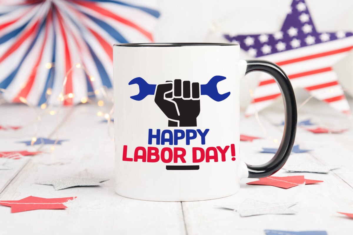 Mockup of Happy Labor Day SVG on a mug with patriotic decorations