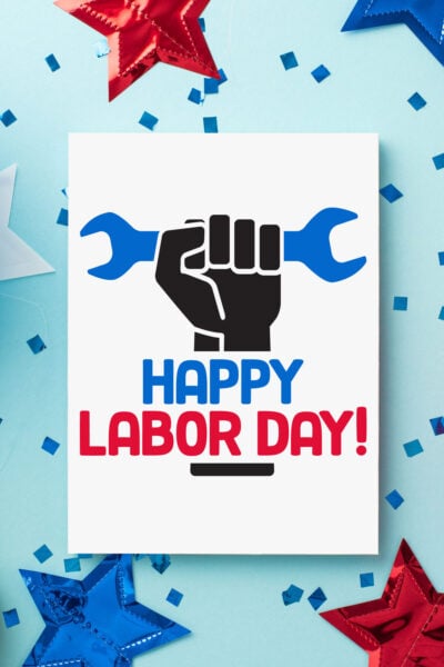 Mockup of Happy Labor Day SVG on a sign with red and blue stars