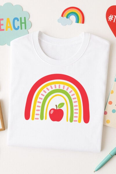 Apple Rainbow SVG on a white shirt with school supplies