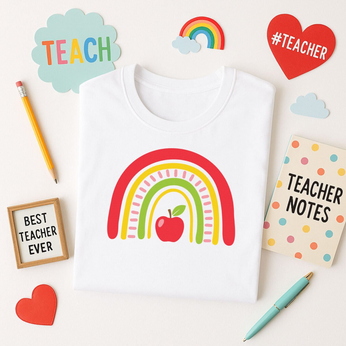 Apple Rainbow SVG on a white shirt with school supplies
