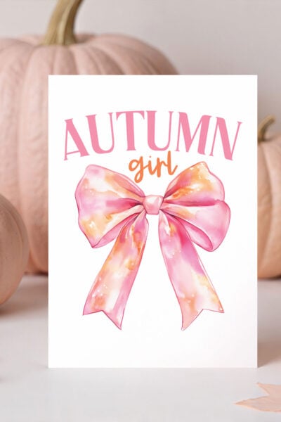 Autumn girl fall sublimation file on card with pink pumpkins