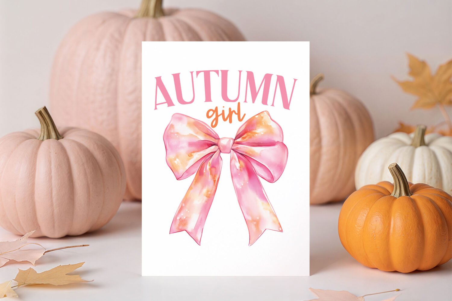 Autumn girl fall sublimation file on card with pink pumpkins