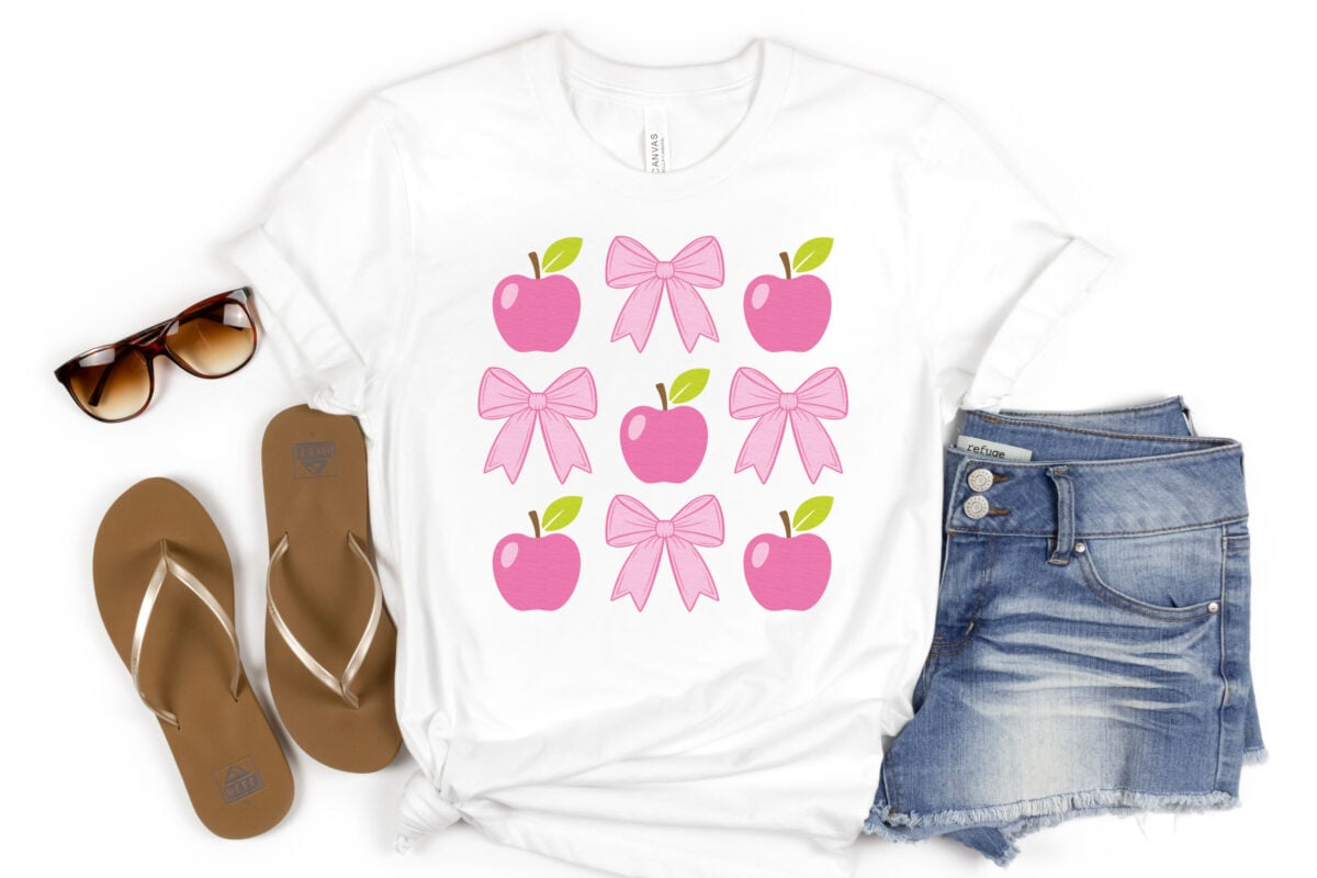 Coquette Bows and Apples sublimation file on a white shirt