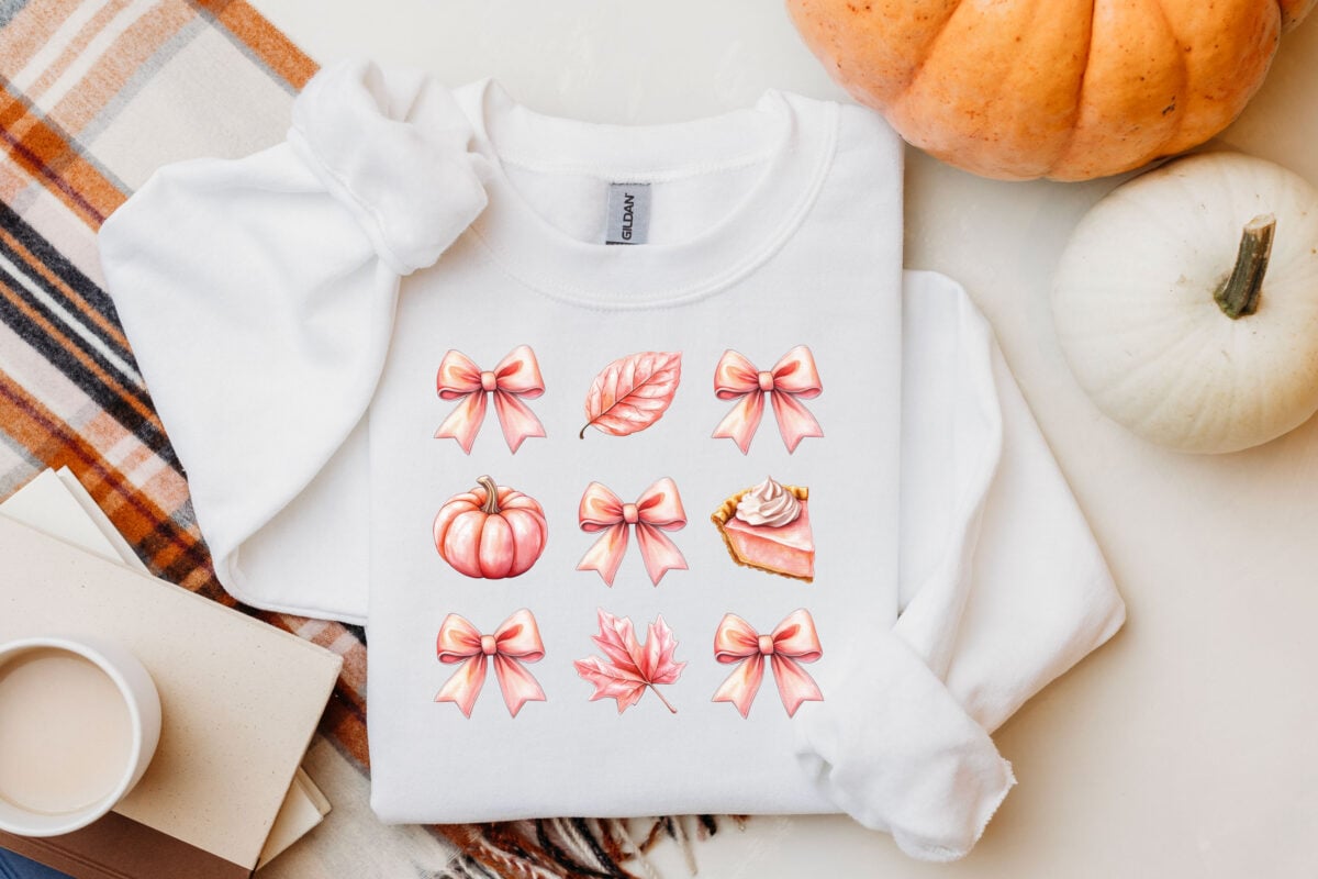 Coquette Free Thanksgiving Sublimation File on a white shirt with a pumpkin