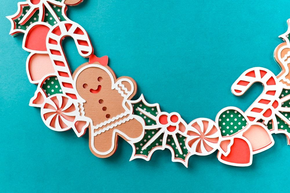 Closeup of the finished 3D layered paper project Christmas wreath.