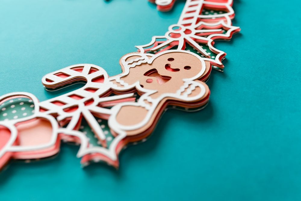 Closeup of the finished 3D layered paper project Christmas wreath showing layers from side
