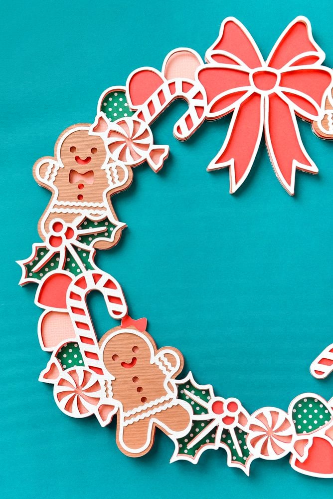 Finished 3D layered paper project Christmas wreath.