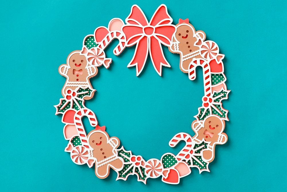 Finished 3D layered paper project Christmas wreath.