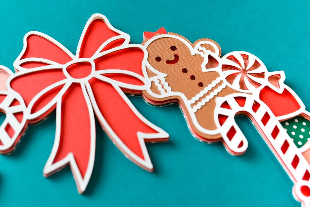 Closeup of the finished 3D layered paper project Christmas wreath.