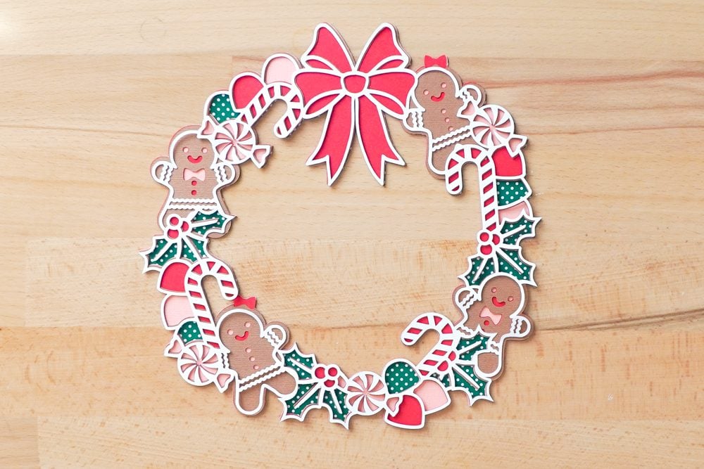 All five layers of the wreath stacked on a table