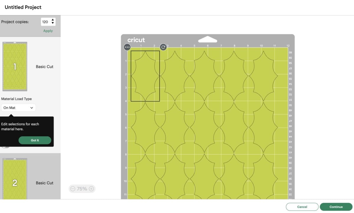 Cricut Design Space Screenshot: Showing lots of leaves on the mat