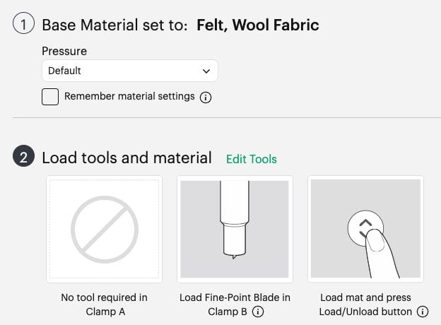 Cricut Design Space Screenshot: Wool Felt chosen as material