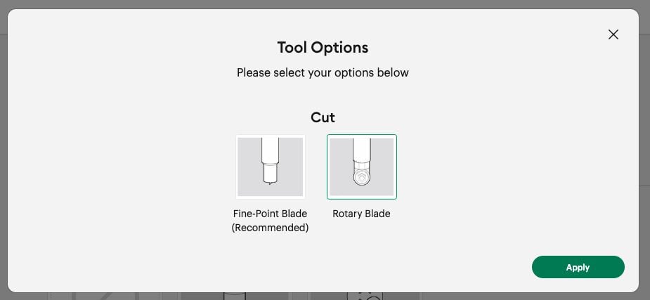 Cricut Design Space Screenshot: Tool Selection window